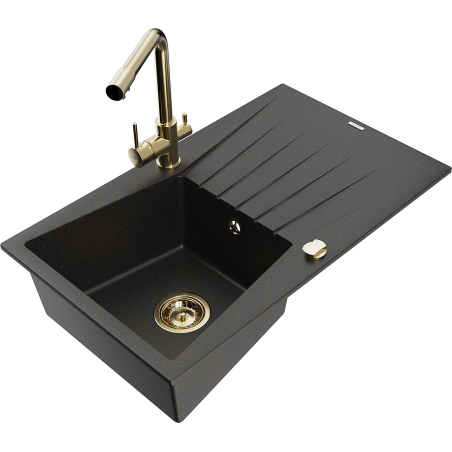 Mexen Cesar Granitspüle 1-Becken mit Abtropffläche und Küchenarmatur Duero, schwarz/gold metallic - 6514-75-671600-50