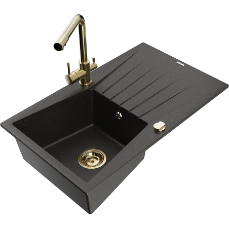 Mexen Cesar Granitspüle 1-beckig mit Abtropffläche und Küchenarmatur Duero, schwarz/gold metallic - 6514-75-671600-50