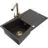 Mexen Cesar Granitspüle einteilig mit Abtropffläche und Küchenarmatur Duero, schwarz/gold metallic - 6514-75-671600-50