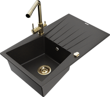 Mexen Cesar Granitspüle einteilig mit Abtropffläche und Küchenarmatur Duero, schwarz/gold metallic - 6514-75-671600-50