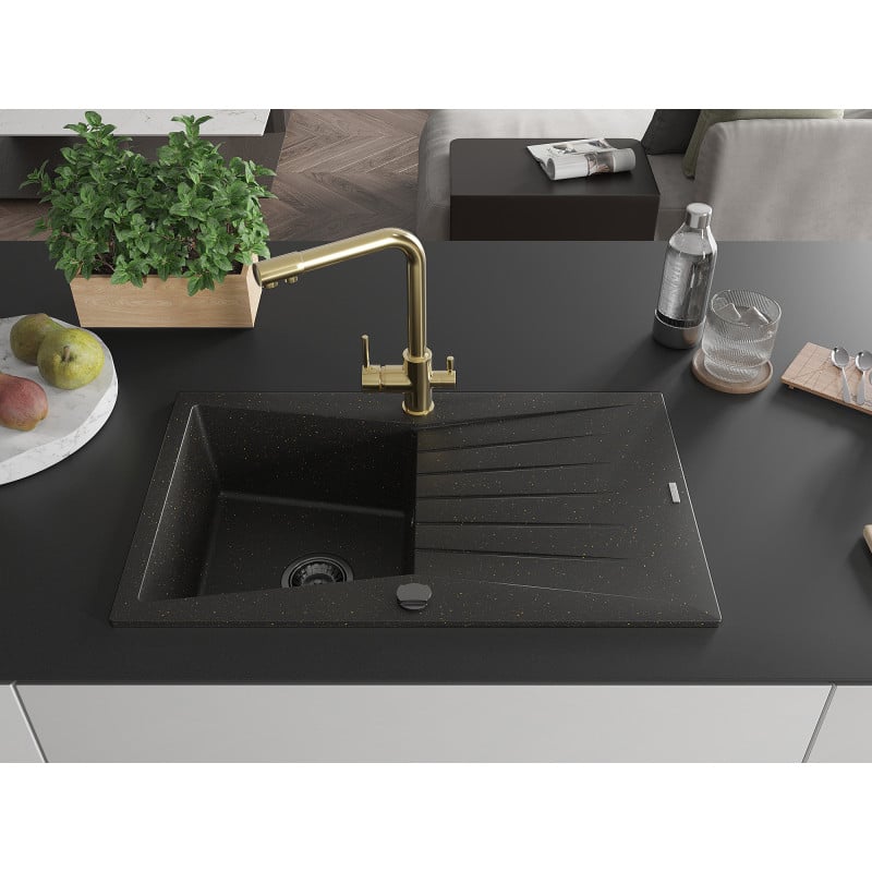 Mexen Cesar Granitspüle 1-Becken mit Abtropffläche und Küchenarmatur Duero, schwarz/gold metallic - 6514-75-671600-50-B