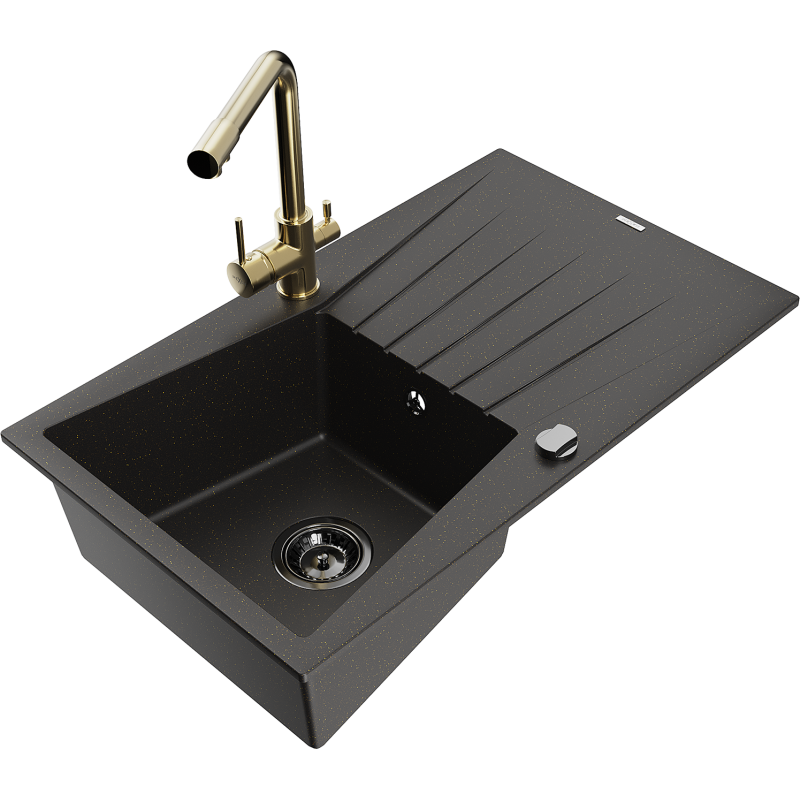 Mexen Cesar Granitspüle 1-Becken mit Abtropffläche und Küchenarmatur Duero, schwarz/gold metallic - 6514-75-671600-50-B