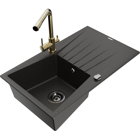 Mexen Cesar Granitspüle 1-Becken mit Abtropffläche und Küchenarmatur Duero, schwarz/gold metallic - 6514-75-671600-50-B