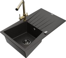 Mexen Cesar Granitspüle 1-Becken mit Abtropffläche und Küchenarmatur Duero, schwarz/gold metallic - 6514-75-671600-50-B