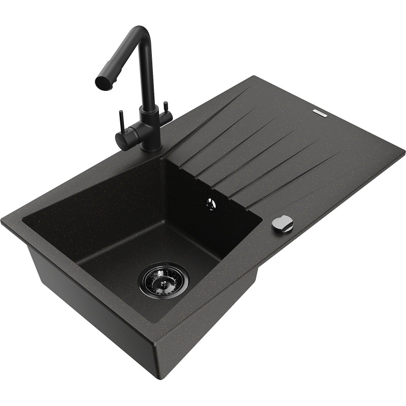 Mexen Cesar Granitspüle 1-Becken mit Abtropffläche und Küchenarmatur Duero, schwarz/goldener Metallic - 6514-75-671600-70-B