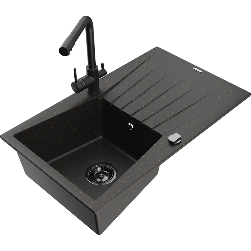 Mexen Cesar Granitspüle 1-beckig mit Abtropffläche und Küchenarmatur Duero, schwarz/goldmetallic - 6514-75-671600-70-B