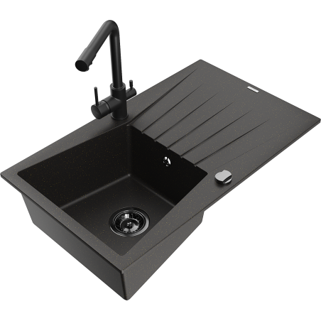 Mexen Cesar Granitspüle 1-beckig mit Abtropffläche und Küchenarmatur Duero, schwarz/goldmetallic - 6514-75-671600-70-B
