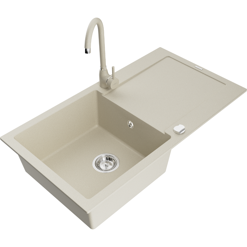 Mexen Leo Granitspüle 1-Becken mit Abtropffläche und Küchenarmatur Telma, beige - 6501-69-670200-69