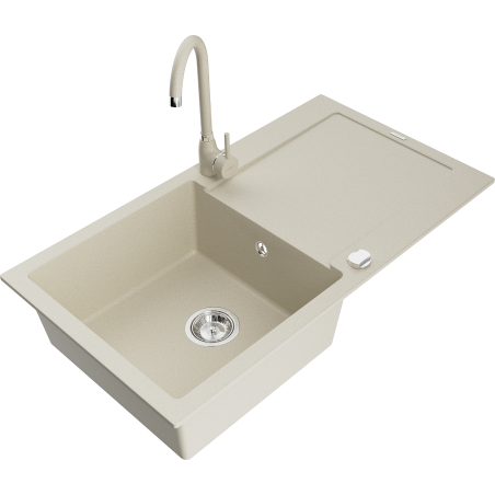 Mexen Leo Granitspüle 1-Becken mit Abtropffläche und Küchenarmatur Telma, beige - 6501-69-670200-69