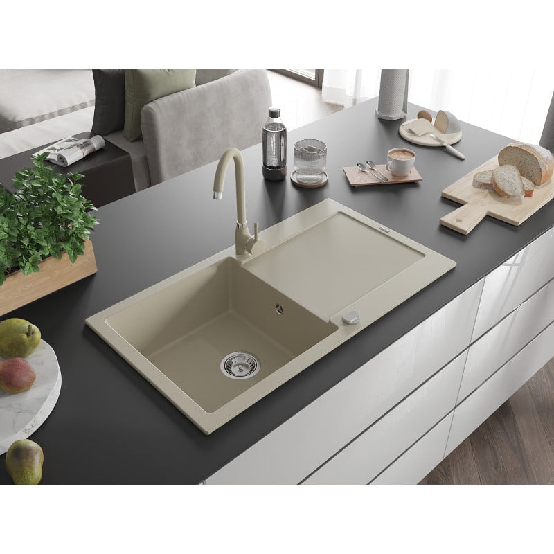 Mexen Leo Granitspüle 1-Becken mit Abtropffläche und Küchenarmatur Telma, beige - 6501-69-670200-69