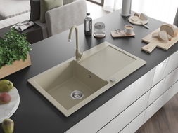 Mexen Leo 1 Becken-Granitspüle mit Abtropffläche und Mischbatterie Telma, Beige - 6501-69-670200-69