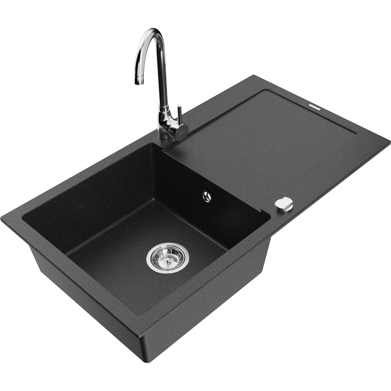 Mexen Leo Granitspüle 1-beckig mit Abtropffläche und Küchenarmatur Telma, schwarz/silber metallic - 6501-73-670200-00