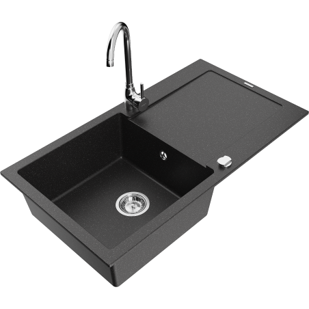 Mexen Leo Granitspüle 1-beckig mit Abtropffläche und Küchenarmatur Telma, schwarz/silber metallic - 6501-73-670200-00