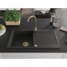 Mexen Leo Granitspüle 1-becken mit Abtropffläche und Küchenarmatur Telma, schwarz/gold metallic - 6501-75-670200-50
