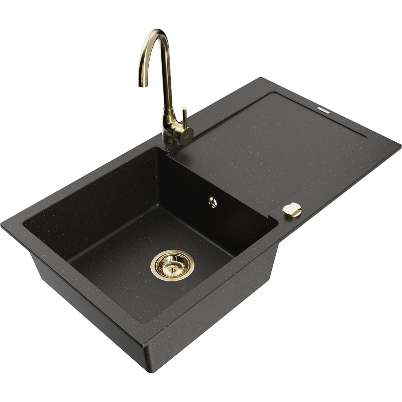Mexen Leo Granitspüle 1-becken mit Abtropffläche und Küchenarmatur Telma, schwarz/gold metallic - 6501-75-670200-50