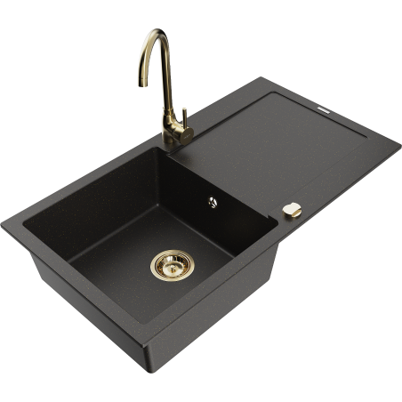 Mexen Leo Granitspüle 1-becken mit Abtropffläche und Küchenarmatur Telma, schwarz/gold metallic - 6501-75-670200-50