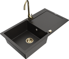 Mexen Leo Granitspüle 1-becken mit Abtropffläche und Küchenarmatur Telma, schwarz/gold metallic - 6501-75-670200-50
