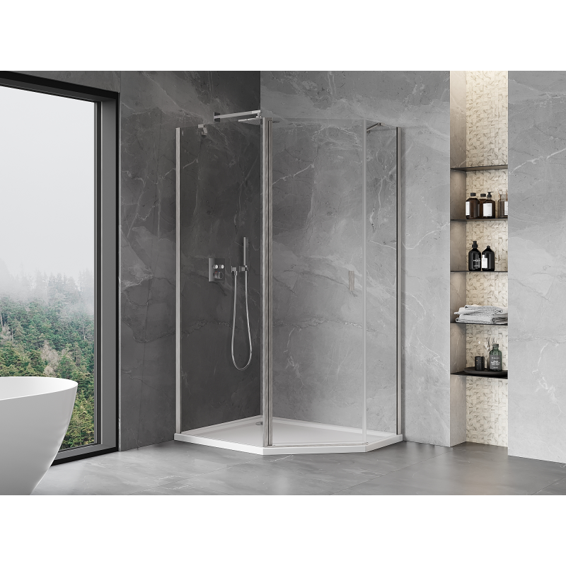 Mexen Mist asymmetrische, fünfeckige Duschkabine mit Schwenktür 100 x 80 cm, transparent, gebürsteter Nickel