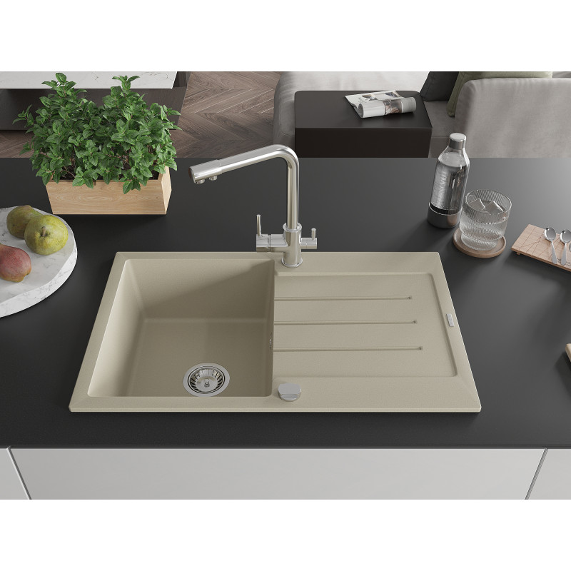 Mexen Bruno 1-beckiges Granitspülbecken mit Abtropffläche und Küchenarmatur Duero, beige - 6513-69-671600-00