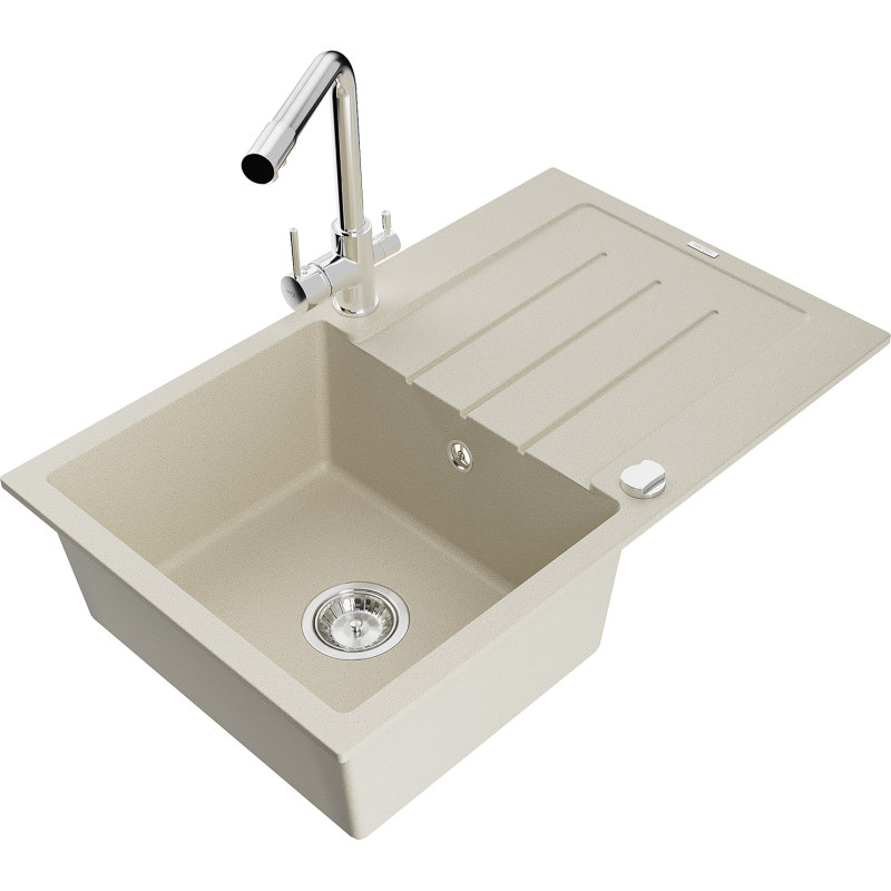 Mexen Bruno 1-beckiges Granitspülbecken mit Abtropffläche und Küchenarmatur Duero, beige - 6513-69-671600-00