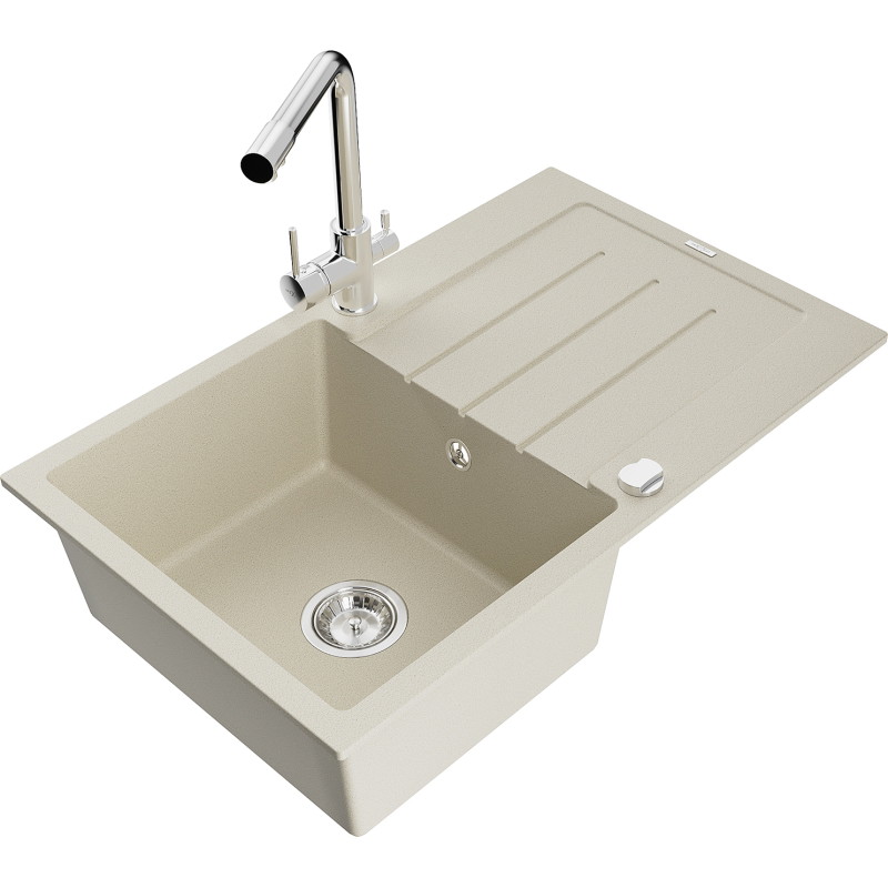 Mexen Bruno Granitspüle 1-Becken mit Abtropffläche und Küchenarmatur Duero, beige - 6513-69-671600-00
