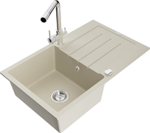 Mexen Bruno 1-beckiges Granitspülbecken mit Abtropffläche und Küchenarmatur Duero, beige - 6513-69-671600-00