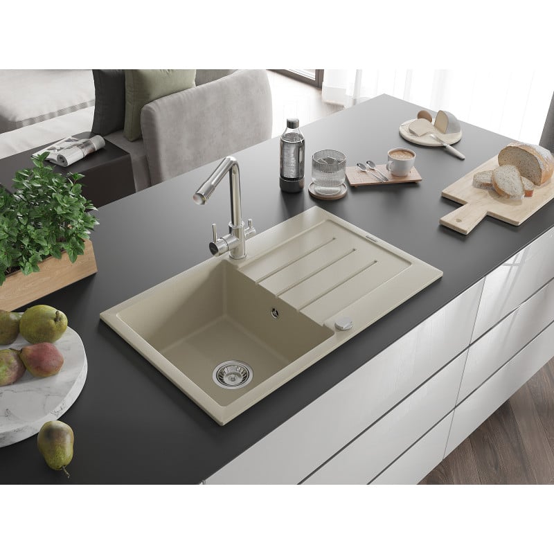 Mexen Bruno 1-beckiges Granitspülbecken mit Abtropffläche und Küchenarmatur Duero, beige - 6513-69-671600-00