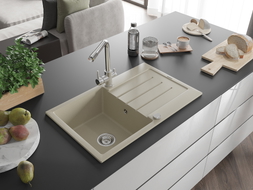 Mexen Bruno 1-beckiges Granitspülbecken mit Abtropffläche und Küchenarmatur Duero, beige - 6513-69-671600-00