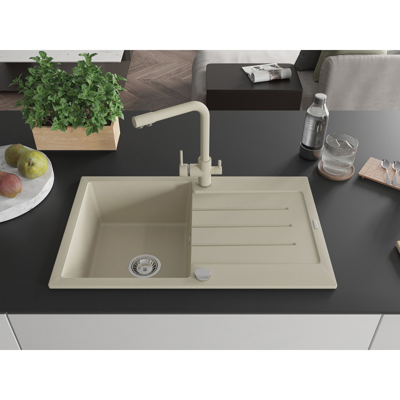 Mexen Bruno Granitspüle 1-Becken mit Abtropffläche und Küchenarmatur Duero, beige - 6513-69-671600-69