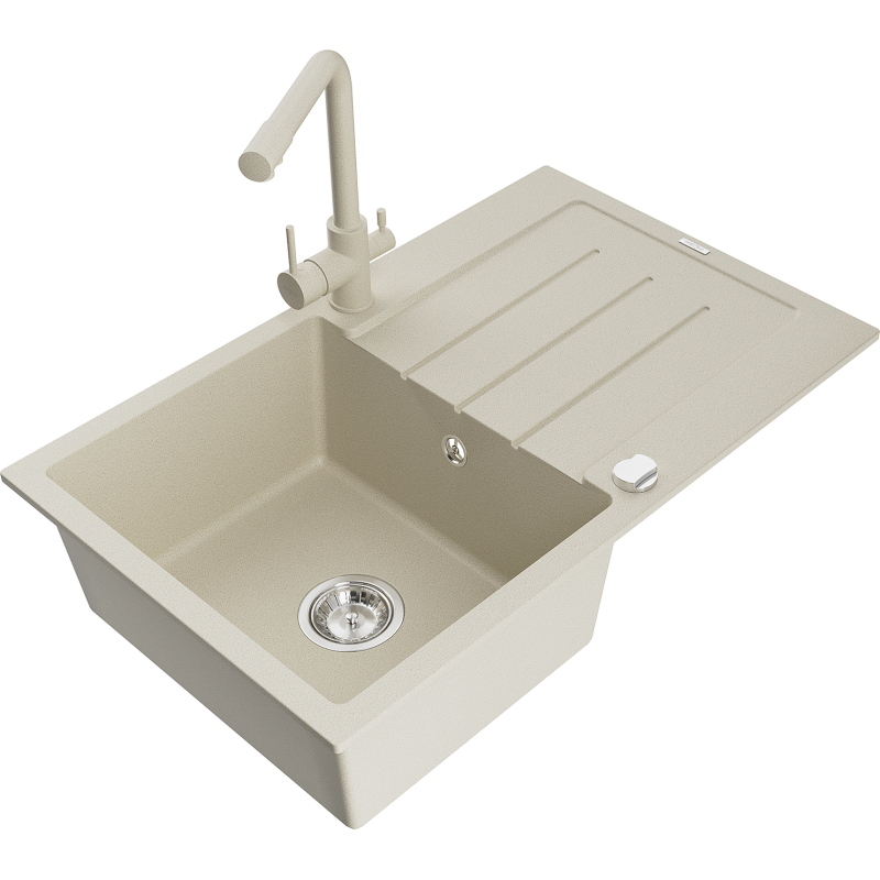 Mexen Bruno Granitspüle 1-Becken mit Abtropffläche und Küchenarmatur Duero, beige - 6513-69-671600-69
