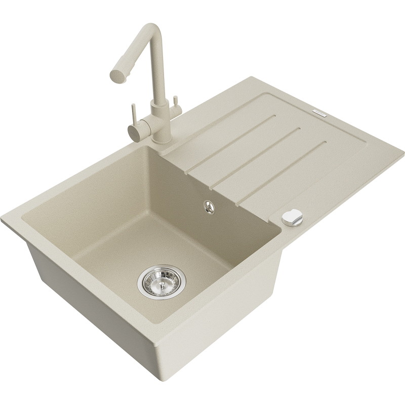 Mexen Bruno Granitspüle mit einer Kammer, Abtropffläche und Küchenarmatur Duero, beige - 6513-69-671600-69