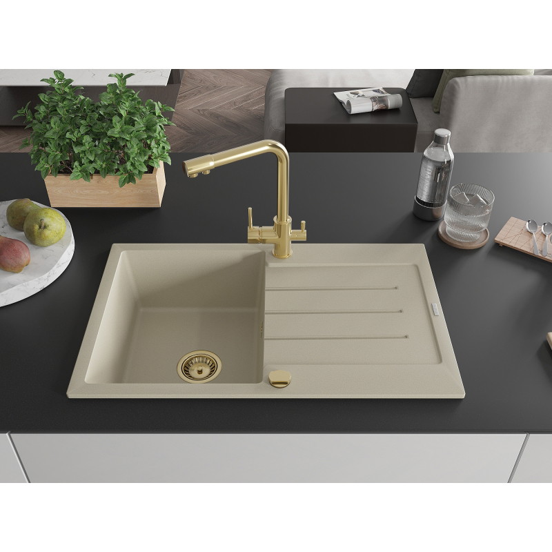 Mexen Bruno Granitspüle, ein Becken mit Abtropffläche und Küchenarmatur Duero, beige - 6513-69-671600-50