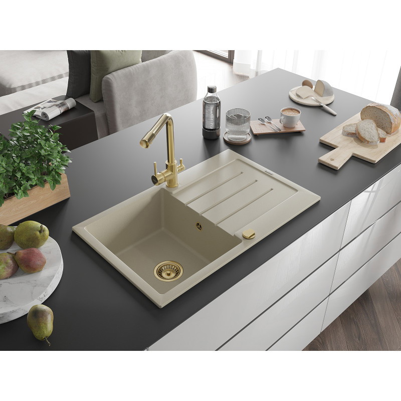 Mexen Bruno Granitspüle 1-Becken mit Abtropffläche und Küchenarmatur Duero, Beige - 6513-69-671600-50