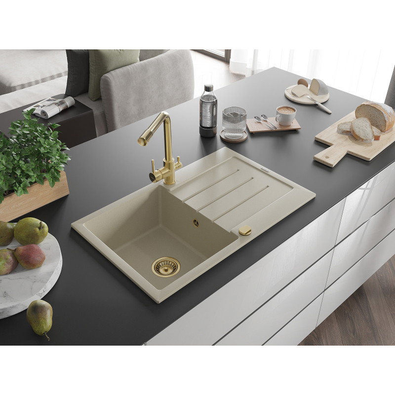 Mexen Bruno Granitspüle, ein Becken mit Abtropffläche und Küchenarmatur Duero, beige - 6513-69-671600-50