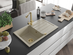 Mexen Bruno Granitspüle 1-Becken mit Abtropffläche und Küchenarmatur Duero, Beige - 6513-69-671600-50