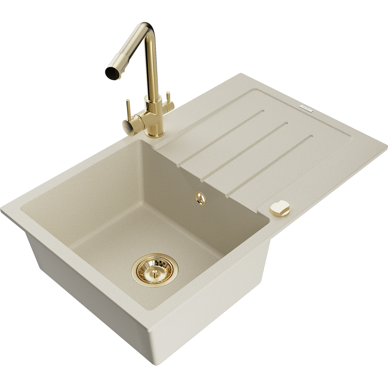 Mexen Bruno Granitspüle 1-Becken mit Abtropffläche und Küchenarmatur Duero, Beige - 6513-69-671600-50