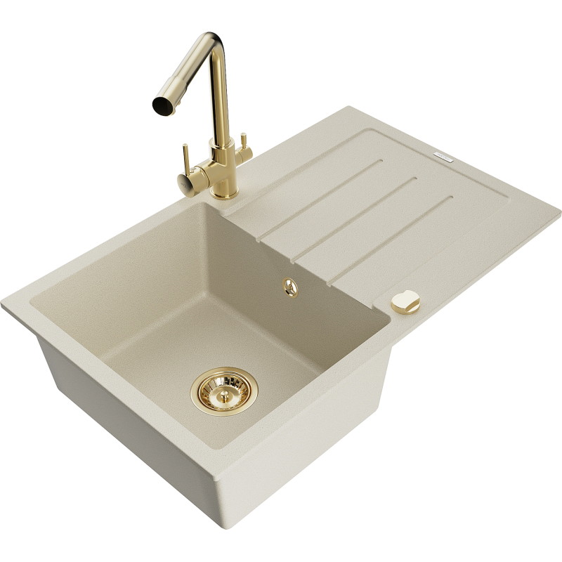 Mexen Bruno Granitspüle, ein Becken mit Abtropffläche und Küchenarmatur Duero, beige - 6513-69-671600-50