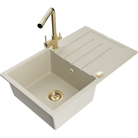 Mexen Bruno Granitspüle 1-Becken mit Abtropffläche und Küchenarmatur Duero, Beige - 6513-69-671600-50