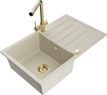 Mexen Bruno Granitspüle 1-Becken mit Abtropffläche und Küchenarmatur Duero, Beige - 6513-69-671600-50