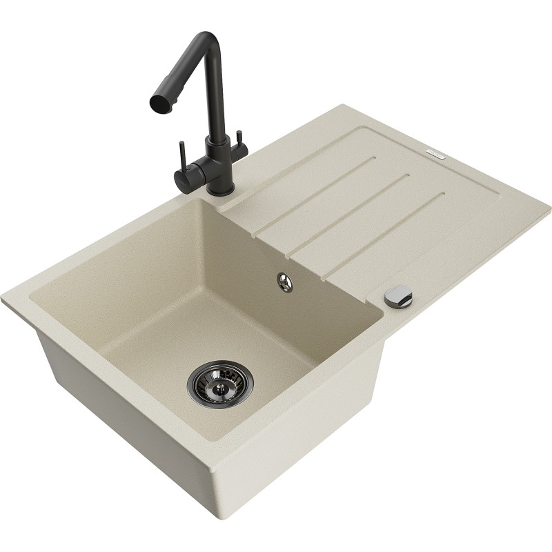 Mexen Bruno Granitspüle 1-Becken mit Abtropffläche und Küchenarmatur Duero, beige - 6513-69-671600-70