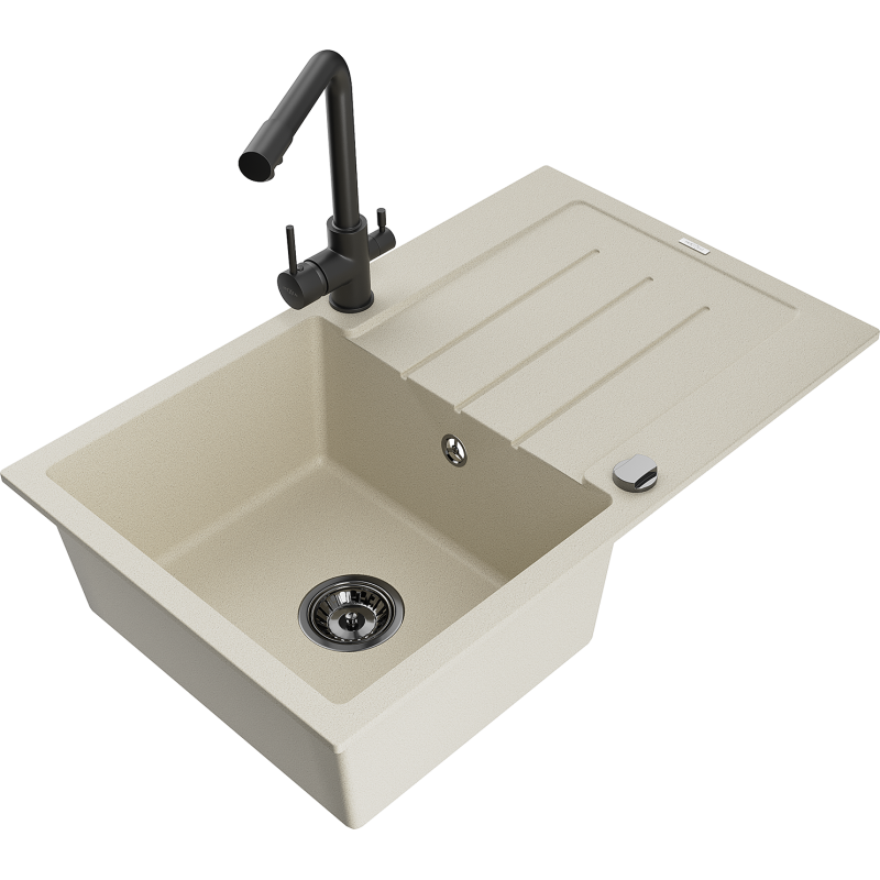 Mexen Bruno Granitspüle 1-beckig mit Abtropffläche und Küchenarmatur Duero, beige - 6513-69-671600-70