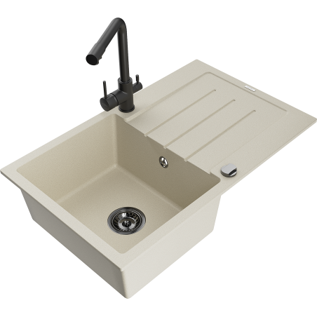 Mexen Bruno Granitspüle 1-beckig mit Abtropffläche und Küchenarmatur Duero, beige - 6513-69-671600-70
