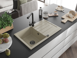 Mexen Bruno Granitspüle 1-beckig mit Abtropffläche und Küchenarmatur Duero, beige - 6513-69-671600-70