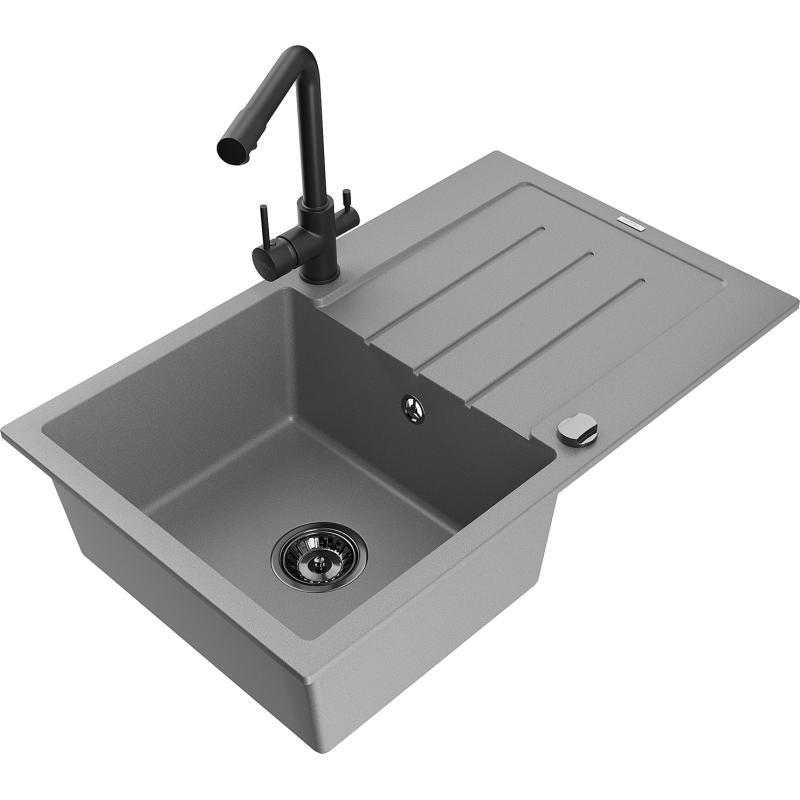 Mexen Bruno Granitspüle 1-Becken mit Abtropffläche und Küchenarmatur Duero, Grau - 6513-71-671600-70-B
