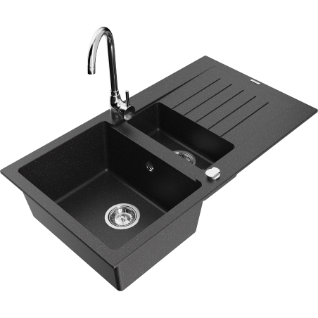 Mexen Matias Granitspüle 1,5-Becken mit Abtropffläche und Küchenarmatur Telma, schwarz/silber - 6502-73-670200-00