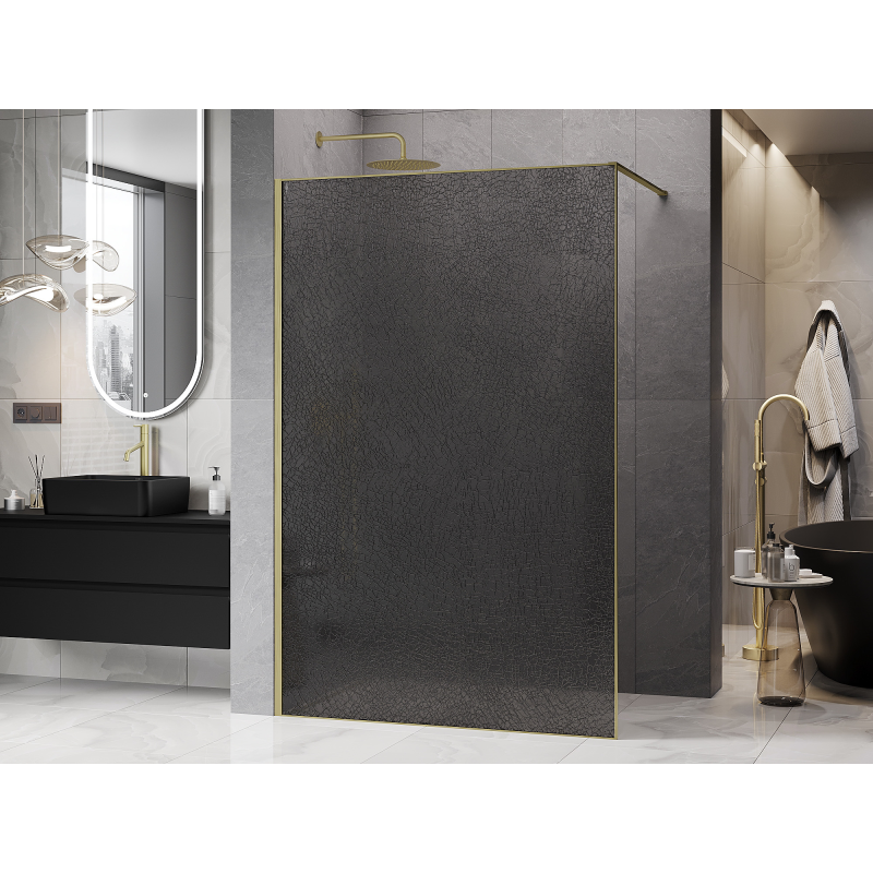 Mexen Kioto Duschwand Walk-in 90 x 200 cm, Crackle Grafit 12 mm, gebürstetes Gold - 800-090-101-55-44-X