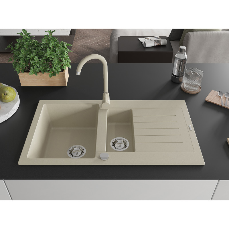 Mexen Matias Granitspüle 1,5-Kammern mit Abtropffläche und Küchenarmatur Telma, beige - 6502-69-670200-69
