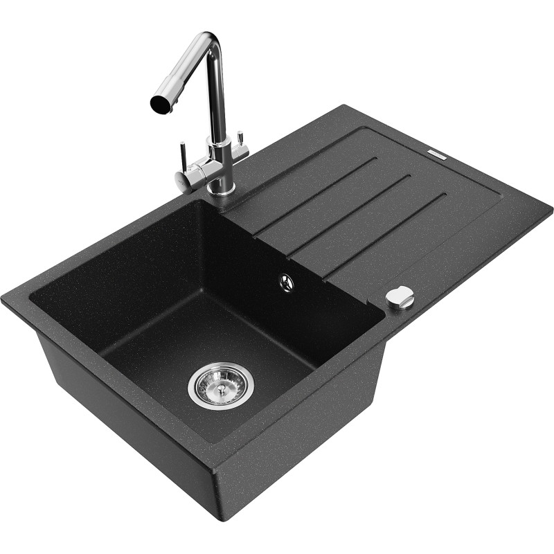 Mexen Bruno granitspüle 1-becken mit abtropffläche und küchenarmatur Duero, schwarz/silber-metallic - 6513-73-671600-00