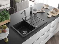 Mexen Bruno Granitspüle 1-beckig mit Abtropffläche und Küchenarmatur Duero, Schwarz/Silber Metallic - 6513-73-671600-00