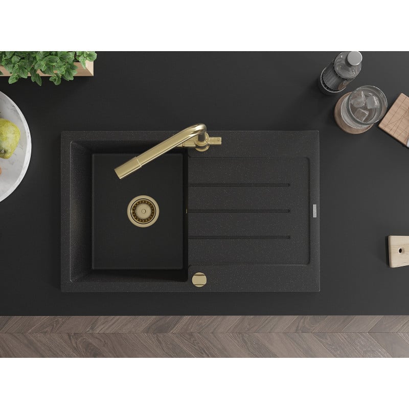 Mexen Bruno Granitspüle mit 1 Becken, Abtropffläche und Küchenarmatur Duero, schwarz/silber metallic - 6513-73-671600-50
